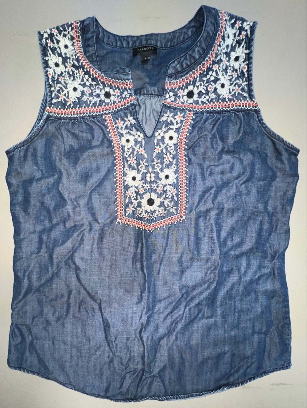 Talbots Chambray & Embroidered Tank Womens S